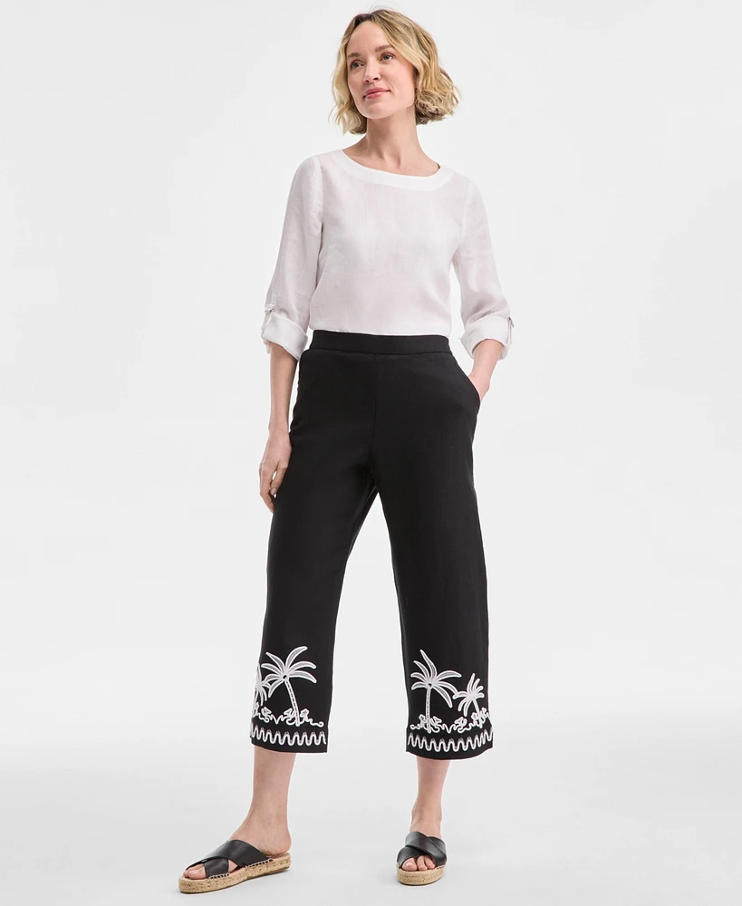 Charter Club Women's Embroidered Linen Cropped Pants, Exclusively at Macy's