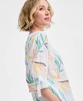 Charter Club Petite Printed Boat-Neck Linen 3/4-Sleeve Blouse, Exclusively at Macy's