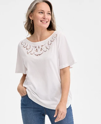 Style & Co Women's Short-Sleeve Embroidered Top, Exclusively at Macy's