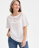 Style & Co Women's Short-Sleeve Embroidered Top, Exclusively at Macy's
