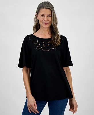 Style & Co Women's Short-Sleeve Embroidered Top, Exclusively at Macy's