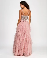 City Studios Juniors' Embroidered Sequined Ruffled Ball Gown, Created for Macy's