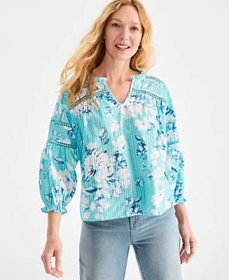 Style & Co Women's Printed Cotton Crochet-Trim Top, Exclusively at Macy's