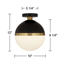 McGraw 10" Mid Century Modern Semi Flush-Mount Ceiling Light Fixture Kitchen Foyer Hallway Round Globe Antique Brass and Black Finish White Glass