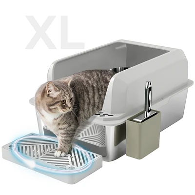 PawHut Stainless Steel Litter Box, High Sided Anti-Urine Leakage Non-Sticky