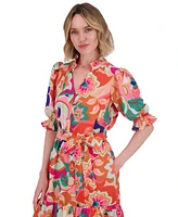 Eliza J Petite Printed V-Neck Elbow-Sleeve Tie-Waist Dress