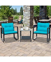 Gymax 3PCS Rattan Rocking Chair Table Set Patio Furniture Set w/ Cushions