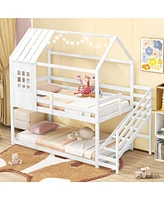 Twin House Bed with Stairs and Roof for Kids