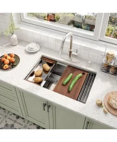 30'' Stainless Steel Kitchen Sink Faucet Set, and Pull-Down with Cutting Board, Roller Blind, Drain Basket, Grid