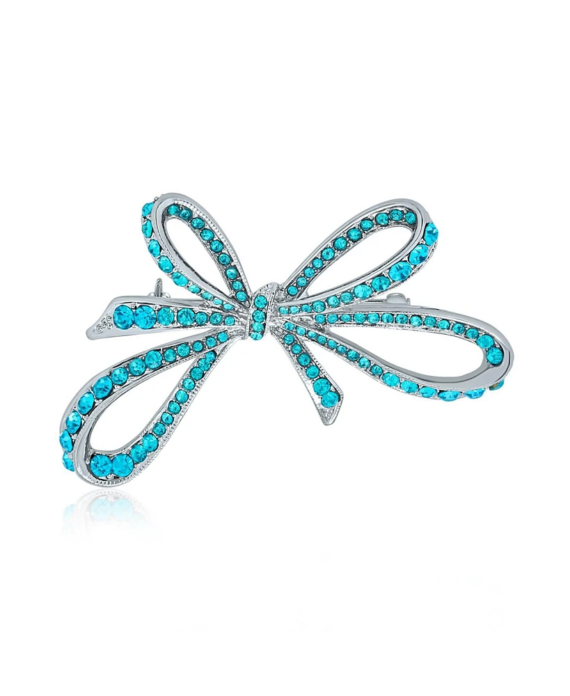 Bling Jewelry Blue Crystal Statement Ribbon Bow Brooch Pin Silver Plated