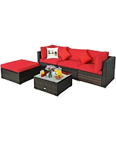 Gymax 5PCS Rattan Sectional Sofa Set Patio Furniture Set w/ Red Cushion Pillow