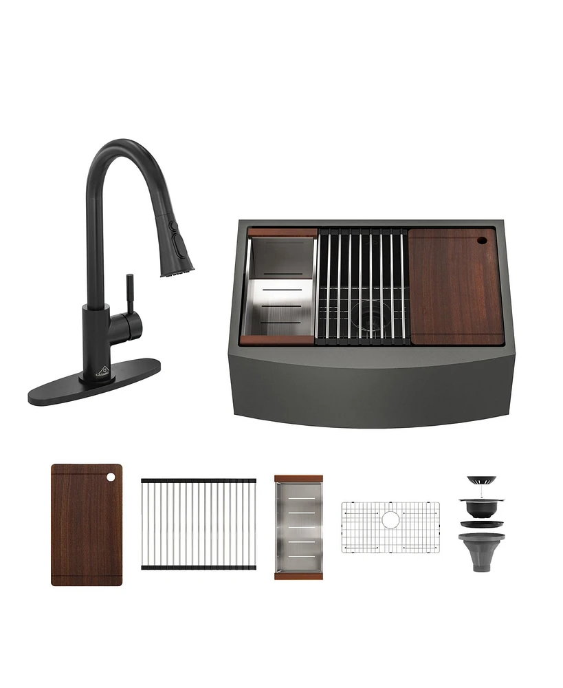 33''x 22'' Stainless Steel Kitchen Sink and Kitchen Faucet Set with Cutting Board, Roller Blind, Drain Basket, Drain Grid and Drainer