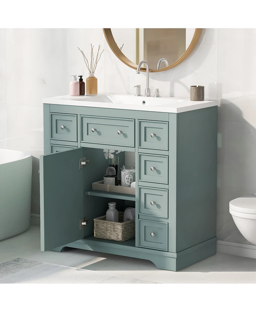 Lovmor 36" Bathroom Vanity with Sink Combo, One Cabinet and Six Drawers, Solid Wood and Mdf Board, Green