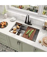 32''x 19'' Stainless Steel Kitchen Sink Faucet Sets, Kitchen Undermount Single Bowl with Cutting Board, Roller Blind, Drain Basket