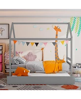 Kids Platform Bed Frame with Roof for Bedroom