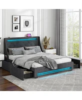 Queen Size Upholstered Platform Bed Frame with Led Lights and Charging Station-Grey