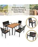 Gymax 5PCS Rattan Outdoor Dining Set Patio Furniture Set w/ Wooden Tabletop