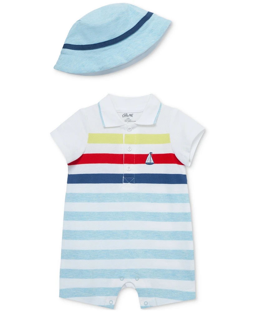Little Me Baby Boys 2-Pc. Cotton Striped Romper & Hat Set