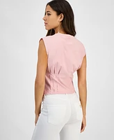 Guess Women's Pleated-Waist Palm-Print Brooch-Detail Top