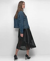 Dkny Womens Sleeveless Mesh Panel Dress Patchwork Denim Jacket