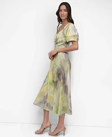 Dkny Women's Printed Ruched-Front Puff-Sleeve Dress