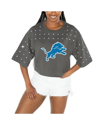 Gameday Couture Women's Gray Detroit Lions All-Over Rhinestone Cropped Oversized T-Shirt