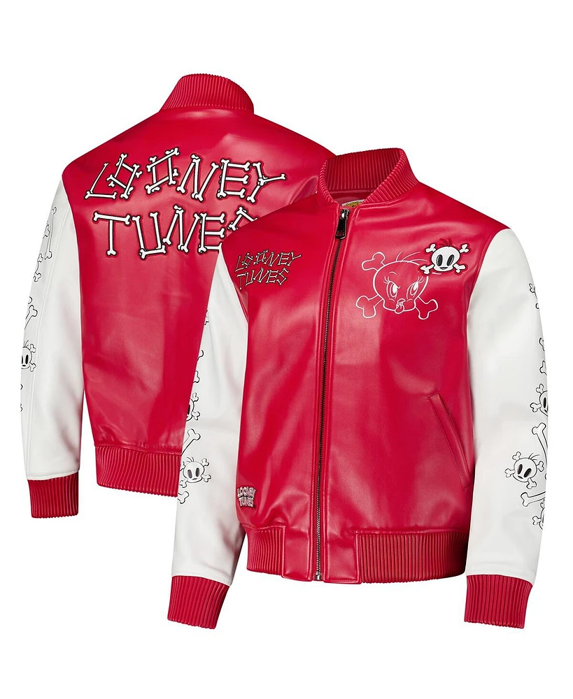 Freeze Max Men's Red/White Looney Tunes Tweety Bones Full-Zip Varsity Jacket