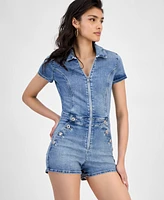 Guess Women's Janae Collared Zip-Front Denim Romper
