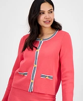 Tahari Asl Women's Striped-Trim Long-Sleeve Cardigan