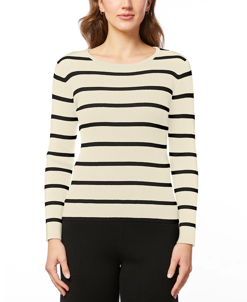 Melissa Paige Petite Women's Scoop Neck Ribbed Striped Sweater