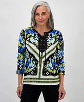 Jm Collection Petite Printed Lace-Up 3/4-Sleeve Top, Exclusively at Macy's