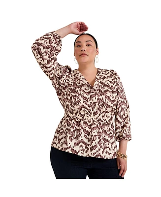 June + Vie Women's Plus Puff-Sleeve Peplum Blouse