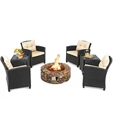 7PCS Patio Rattan Wicker Furniture Set Gas Fire Pit Table Sofa Cushion