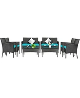 8PCS Patio Rattan Furniture Set Cushioned Sofa Coffee Table Backyard Turquoise