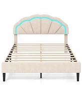 Upholstered Led Bed Frame with Adjustable Flower Headboard Metal Support Feet