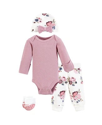 Hudson Baby Girls Thermal Preemie Layette Set 4pc Long Sleeve Outfit, Dusty Rose Floral, Preemie