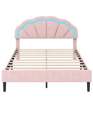 Upholstered Led Bed Frame with Adjustable Flower Headboard and Metal Support Feet