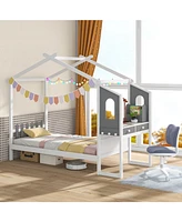 Bed Frame with House Roof Canopy and Fence for Kids