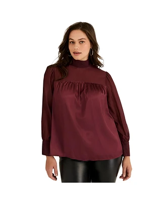 June + Vie Women's Plus Satin Mockneck Blouse