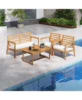 Gymax 4 Pcs Wood Patio Furniture Set w/ Soft Seat Cushions Solid Acacia Wood Frame
