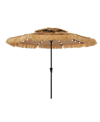 Ft. Outdoor Double Top Solar Light Hawaiian Style Thatch Umbrella