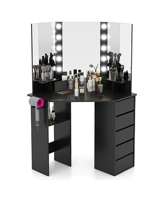 Corner Vanity Desk Cosmetic Vanity Station with Led Mirror,& Power Outlets