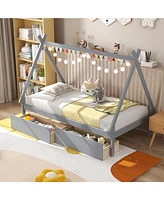 Wooden Tent Platform House Bed with 2 Drawers