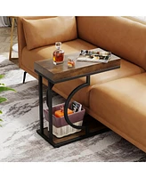 Tribesigns Narrow Side Table, C Shaped End Table Rustic Bedside Table Small Side Table for Couch