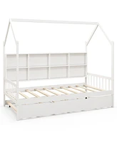 Kids Montessori Daybed with Roof and Shelf Compartments