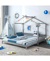 Extendable House Bed to King Daybed with Roof and Fence Rails