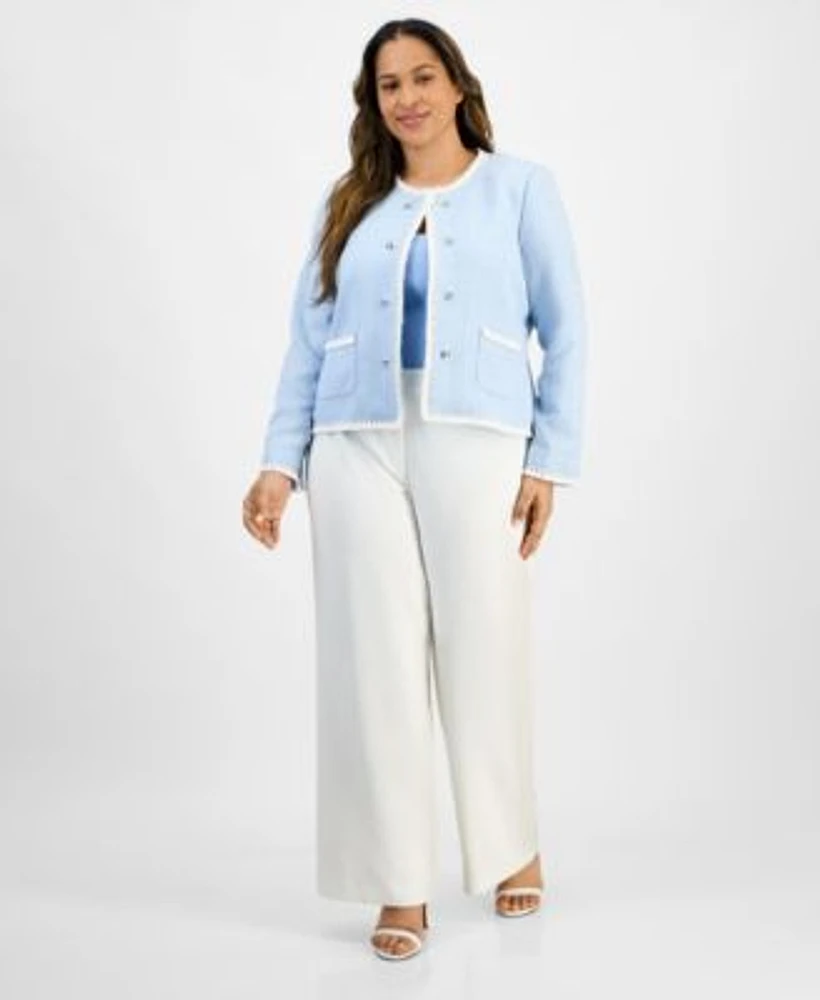 Tahari Asl Plus Size Textured Blazer U Neck Tank Top Wide Leg Pants