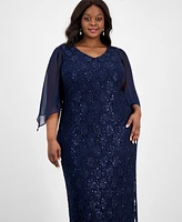 Connected Plus Sheer-Sleeve Lace Gown