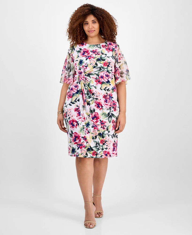 Connected Plus Printed Boat-Neck Flutter-Sleeve Dress