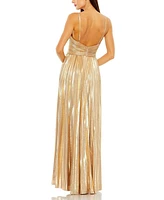 Women's Metallic Slim Strap Deep V Pleated Gown